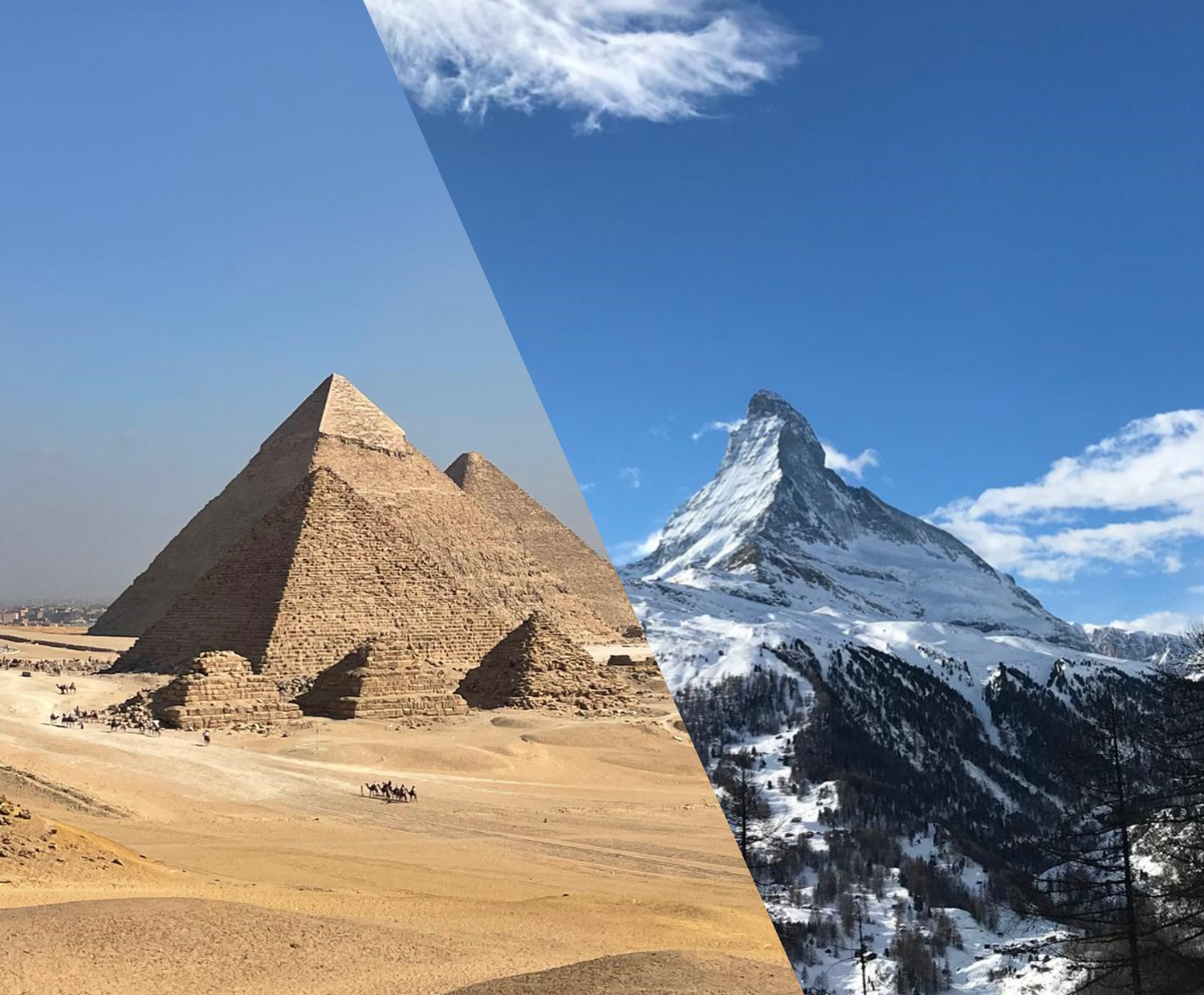 Split image of the Egyptian pyramids and the Swiss Matterhorn, symbolizing Enti Jewellery’s Swiss-Egyptian heritage